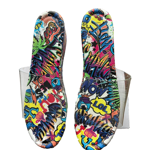 Colorful Street Art Graffiti Sandals Clear Straps ,Chunky Platform Heel Size 10 - Picture 1 of 10